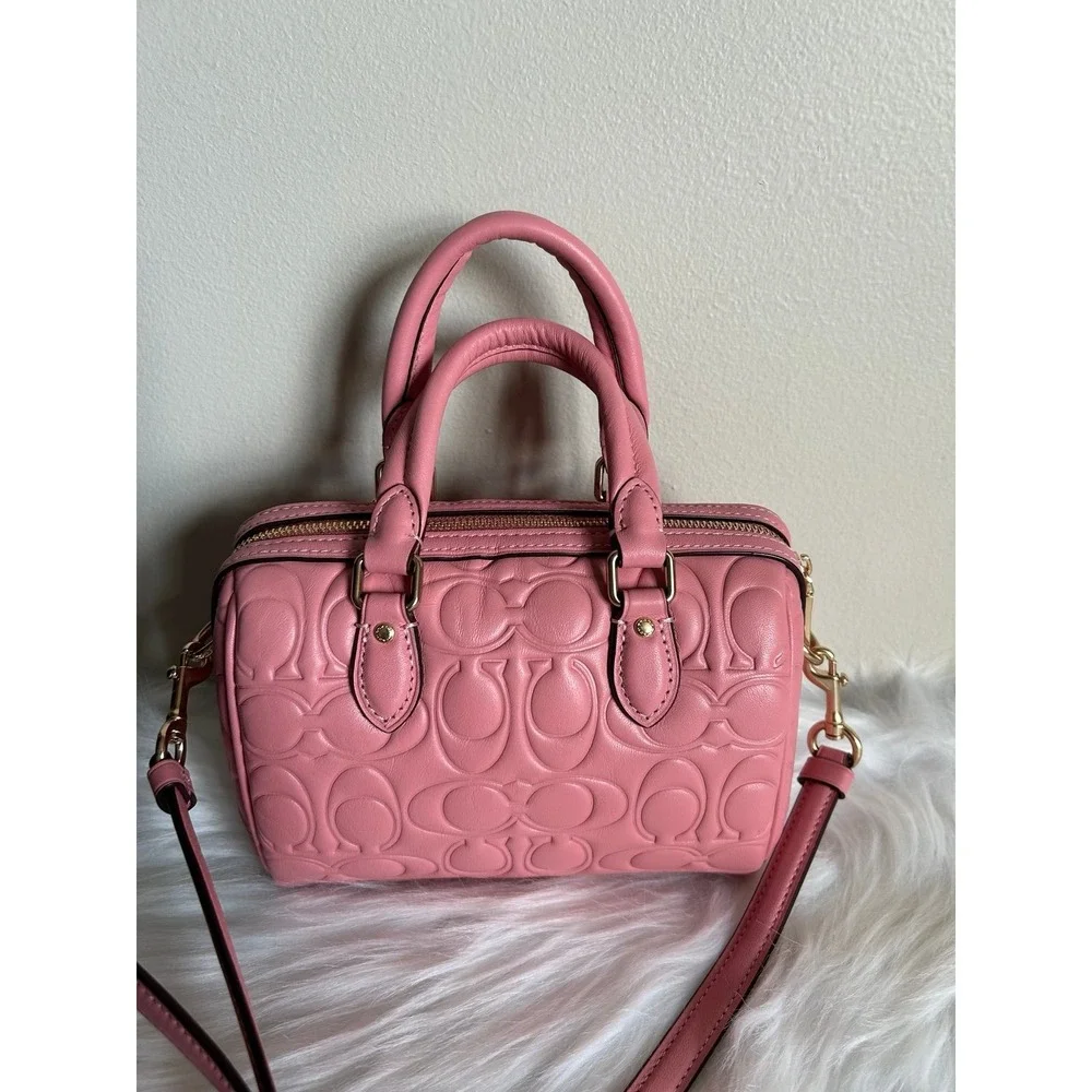 Coach Mini Rowan Light Blush Signature‎ Embossed Leather Satchel NWT